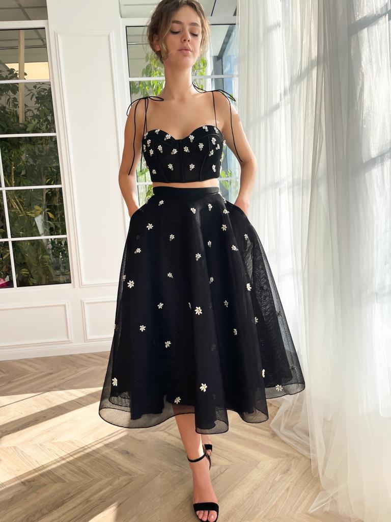 Black midi two piece dress with spaghetti straps and embroidered flowers