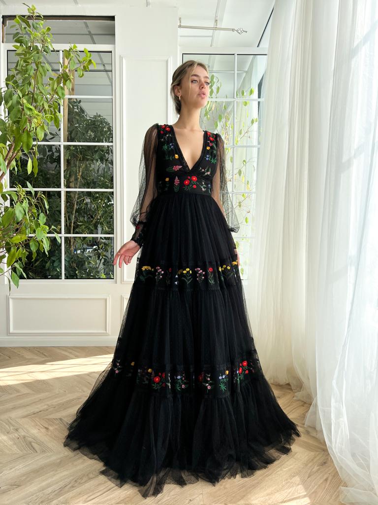 Black A-Line dress with long sleeves, v-neck and embroidery