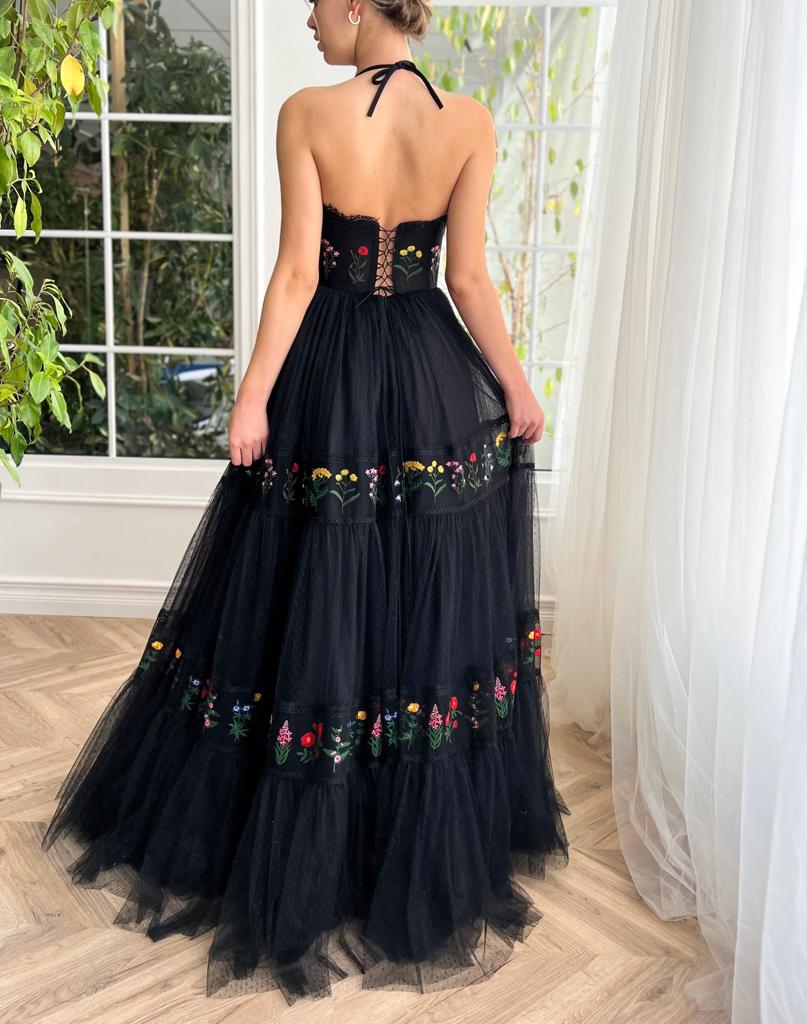 Black A-Line dress with spaghetti straps, small v-neck and embroidery