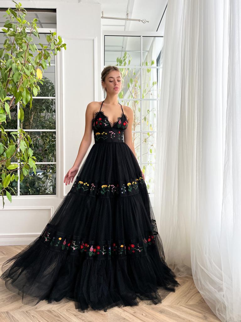 Black A-Line dress with spaghetti straps, small v-neck and embroidery