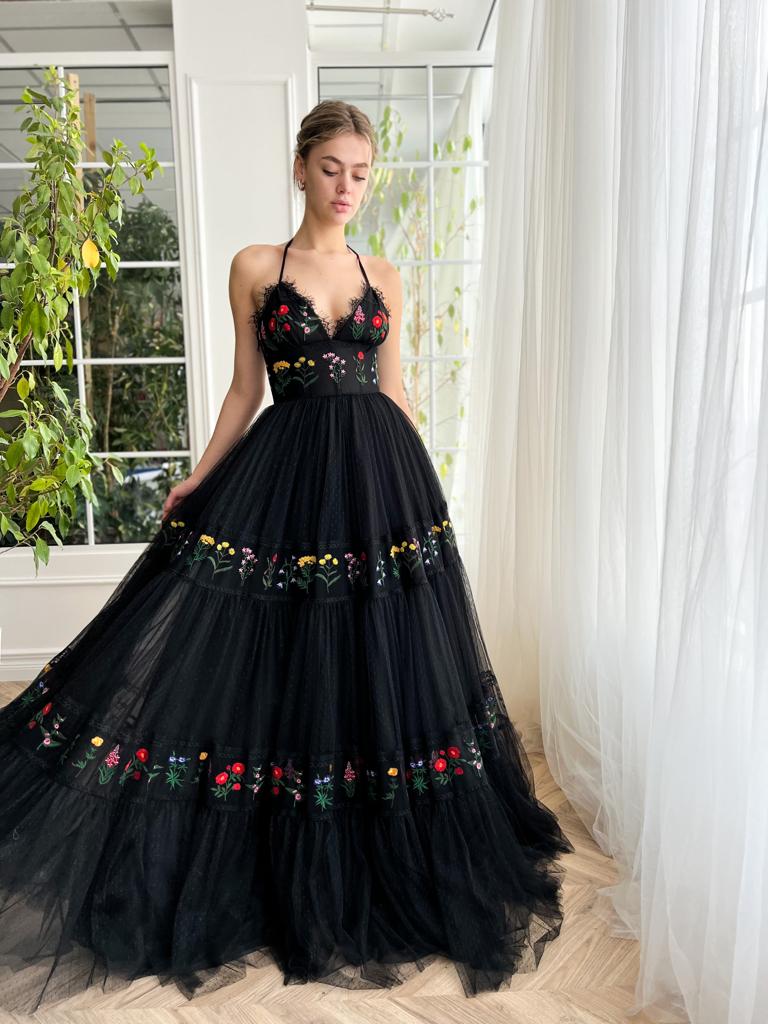 Black A-Line dress with spaghetti straps, small v-neck and embroidery