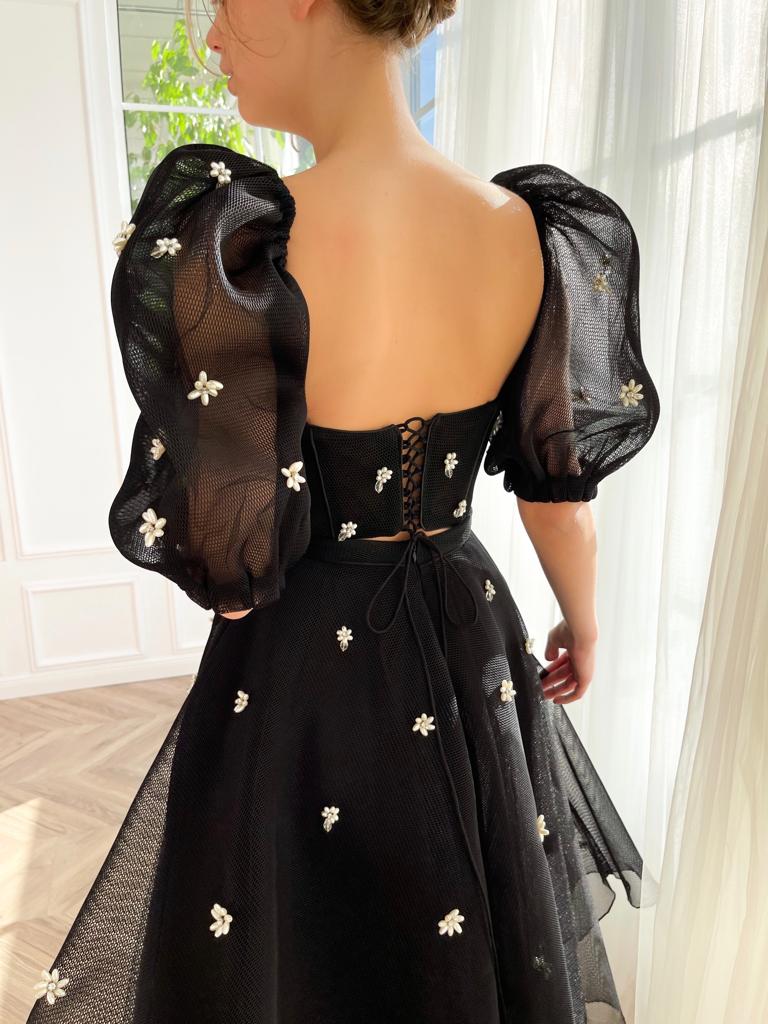 Black midi two piece dress with short sleeves and embroidered flowers