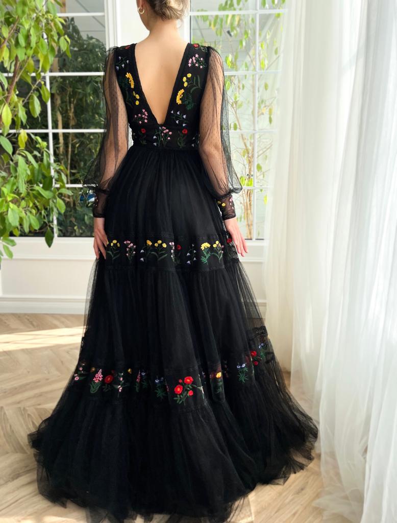 Black A-Line dress with long sleeves, v-neck and embroidery