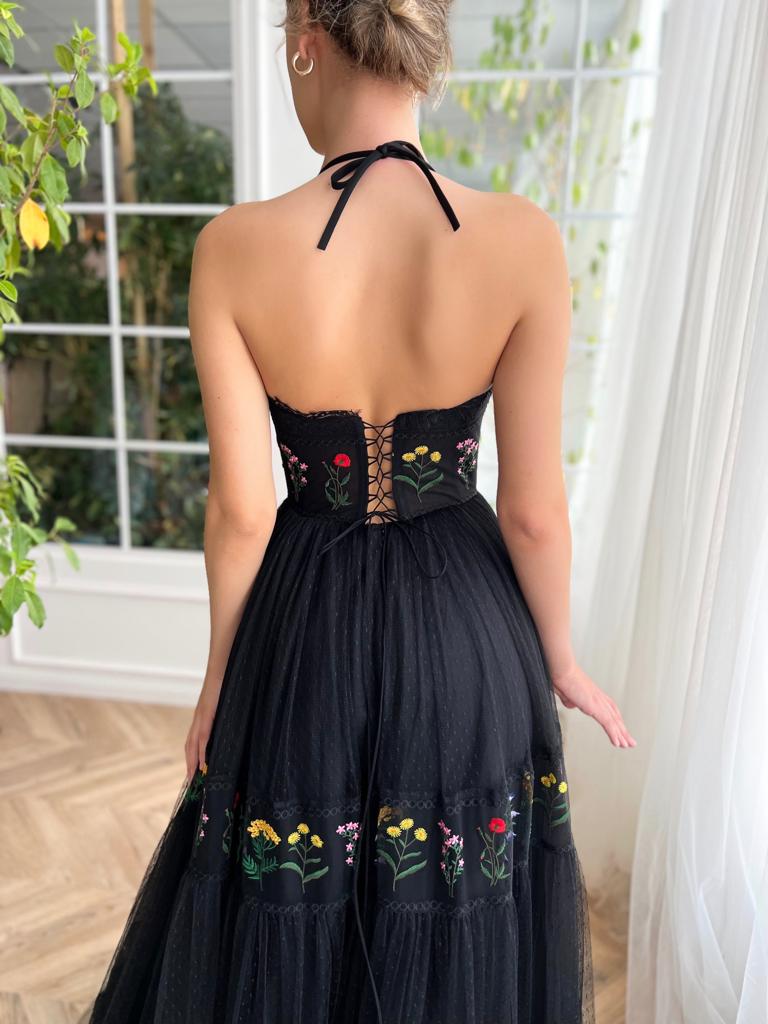 Black A-Line dress with spaghetti straps, small v-neck and embroidery