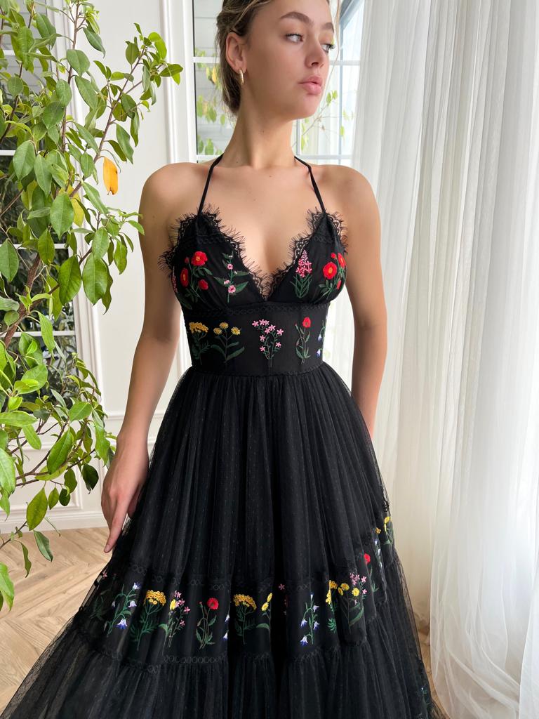 Black A-Line dress with spaghetti straps, small v-neck and embroidery