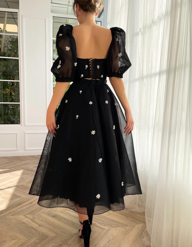 Black midi two piece dress with short sleeves and embroidered flowers