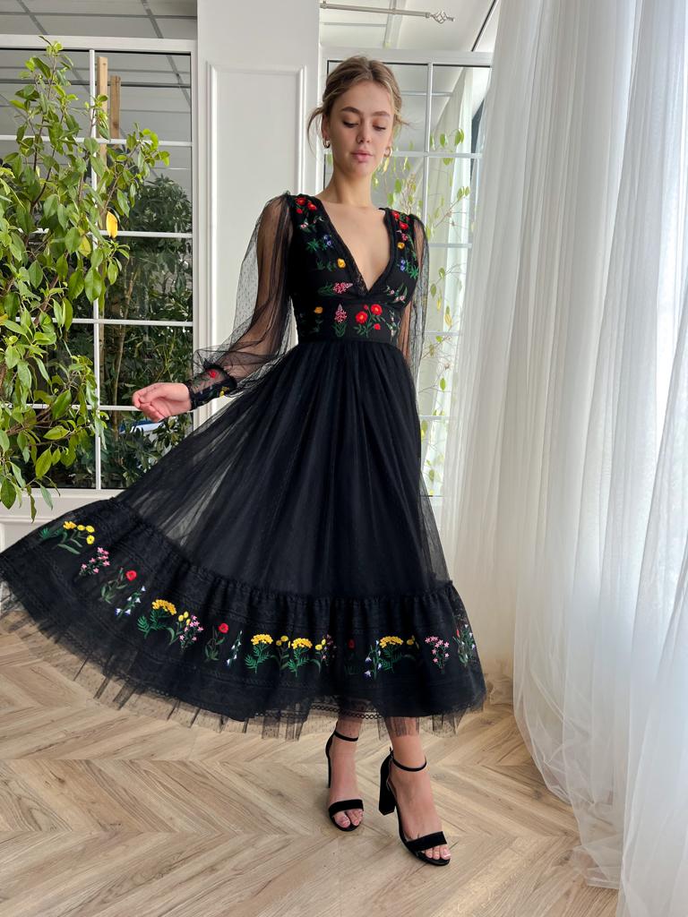 black dotted midi dress with v-neck, long sleeves and embroidery