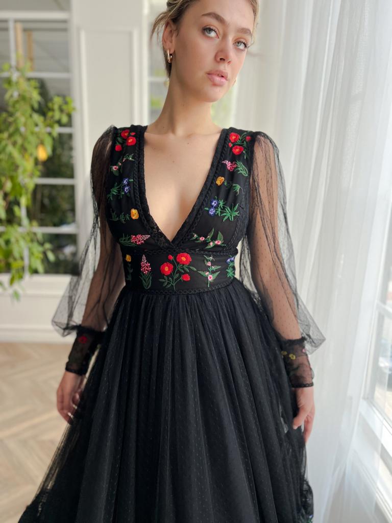 black dotted midi dress with v-neck, long sleeves and embroidery