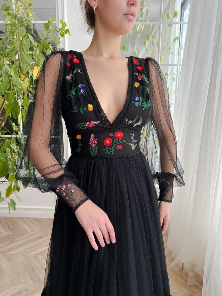 black dotted midi dress with v-neck, long sleeves and embroidery