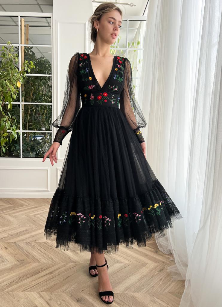 black dotted midi dress with v-neck, long sleeves and embroidery