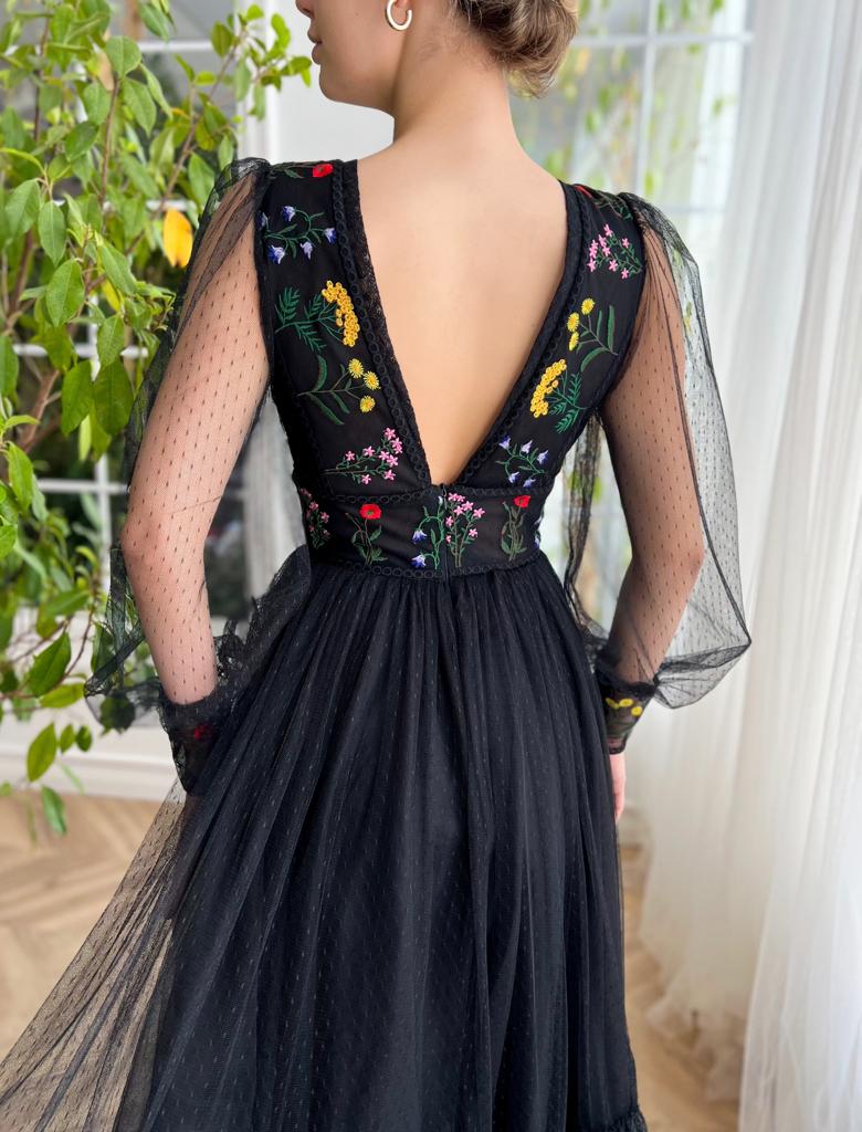 black dotted midi dress with v-neck, long sleeves and embroidery