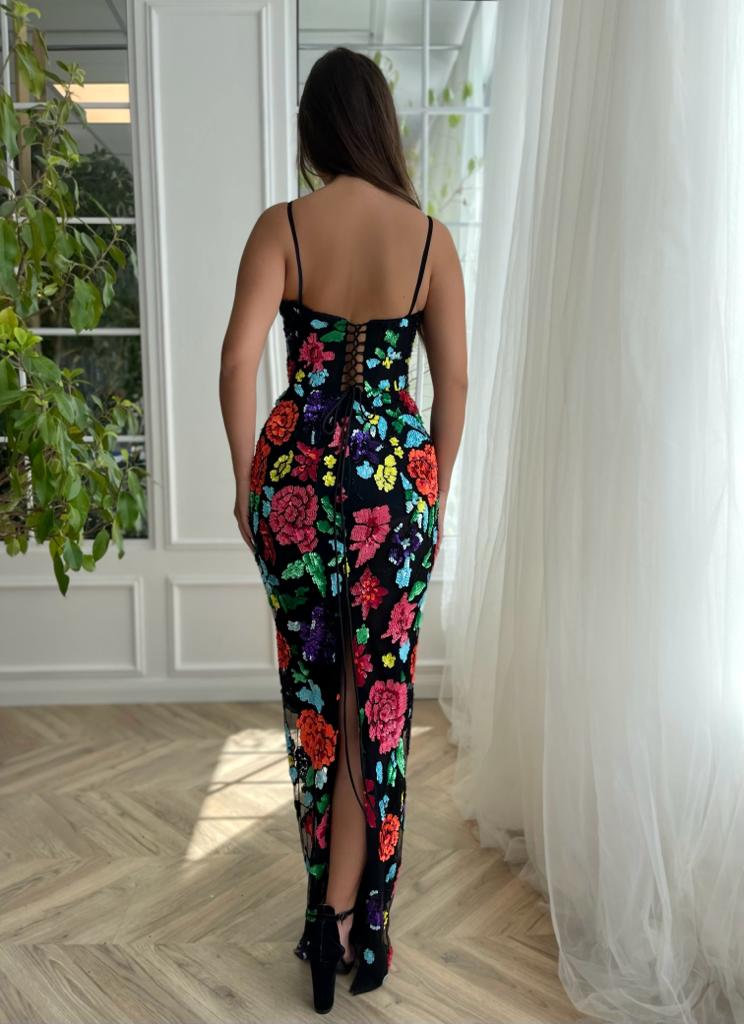Black mermaid dress with colorful floral embroidery and spaghetti straps