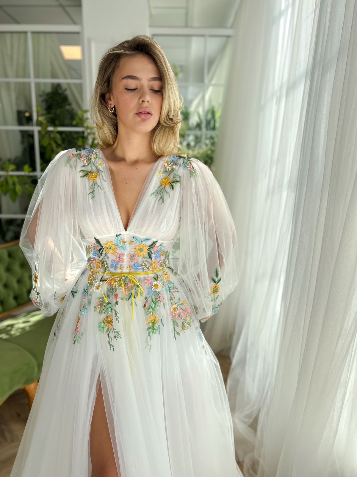 White A-Line dress with long sleeves, v-neck and embroidery