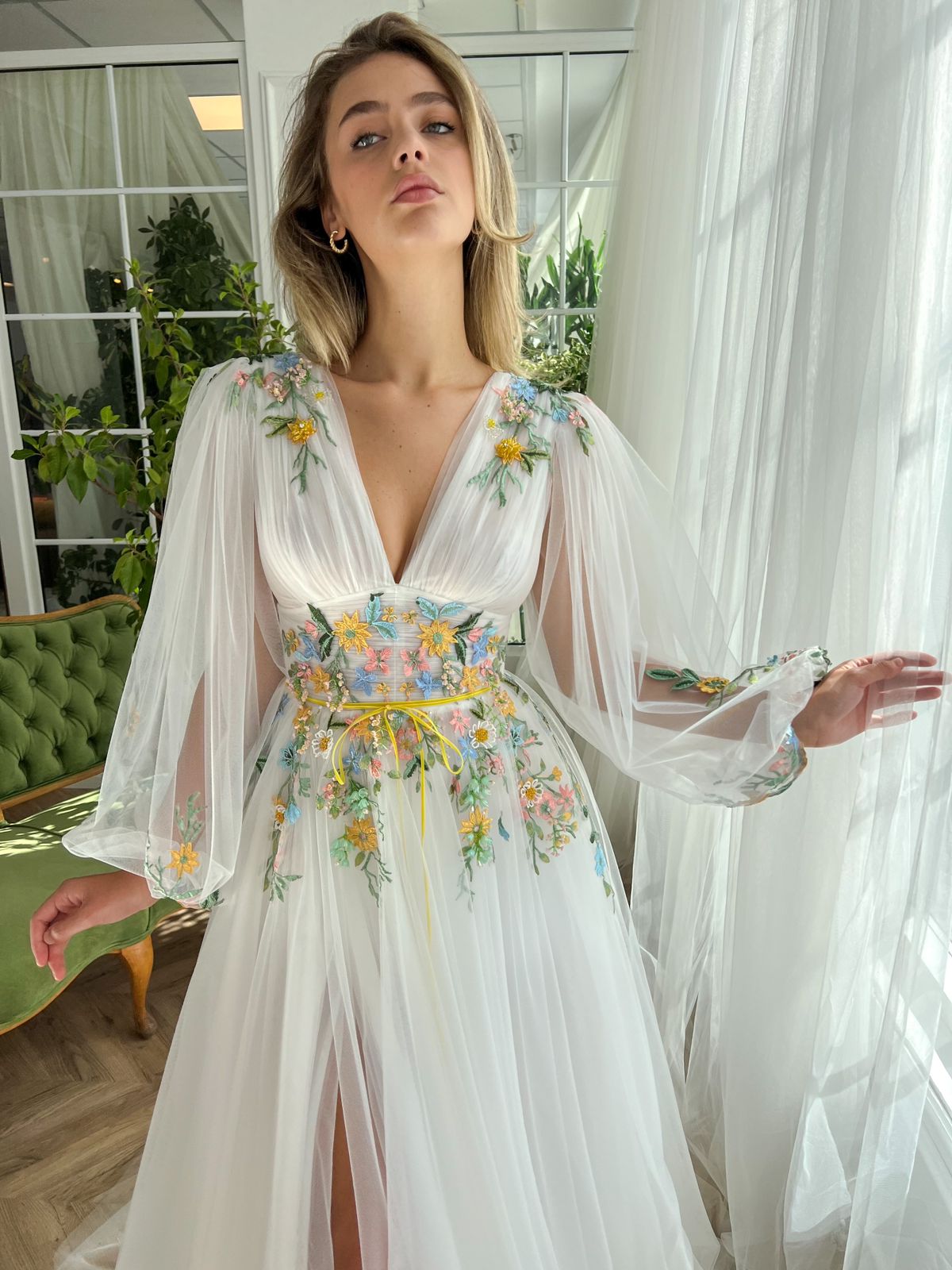 White A-Line dress with long sleeves, v-neck and embroidery