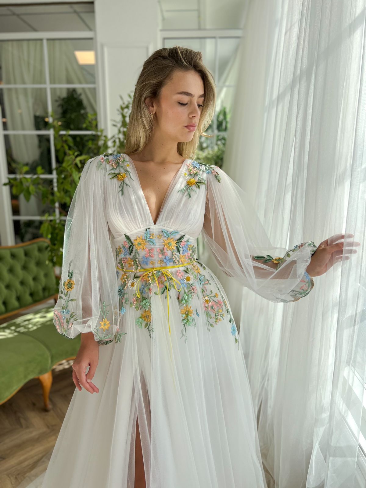 White A-Line dress with long sleeves, v-neck and embroidery