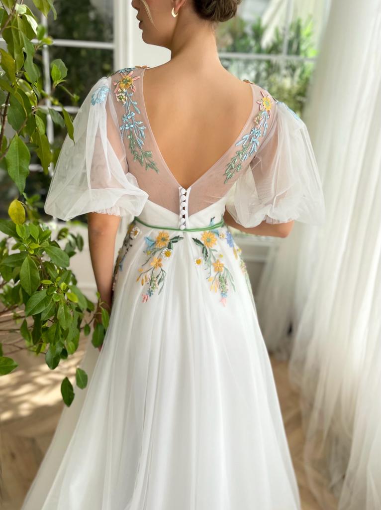 White A-Line dress with short sleeves, v-neck and embroidery