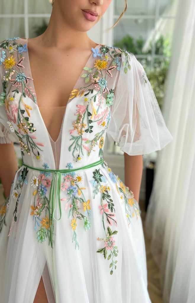 White A-Line dress with short sleeves, v-neck and embroidery