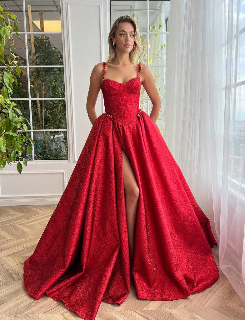 Red A-Line dress with embroidery and spaghetti straps