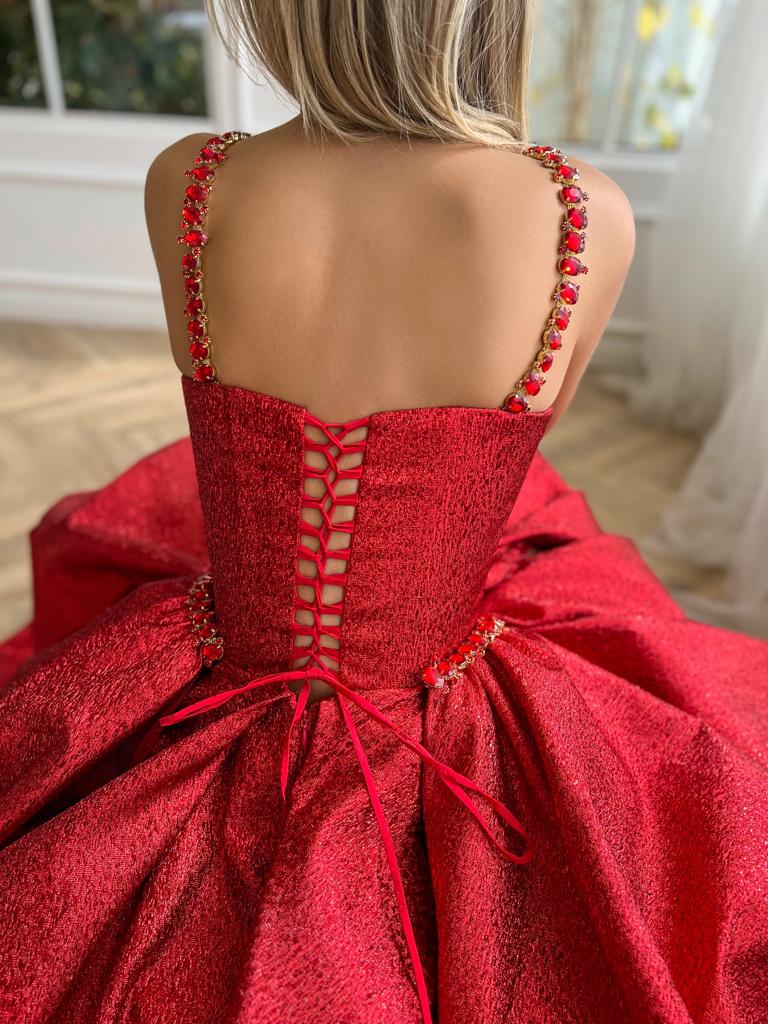 Red A-Line dress with embroidery and spaghetti straps