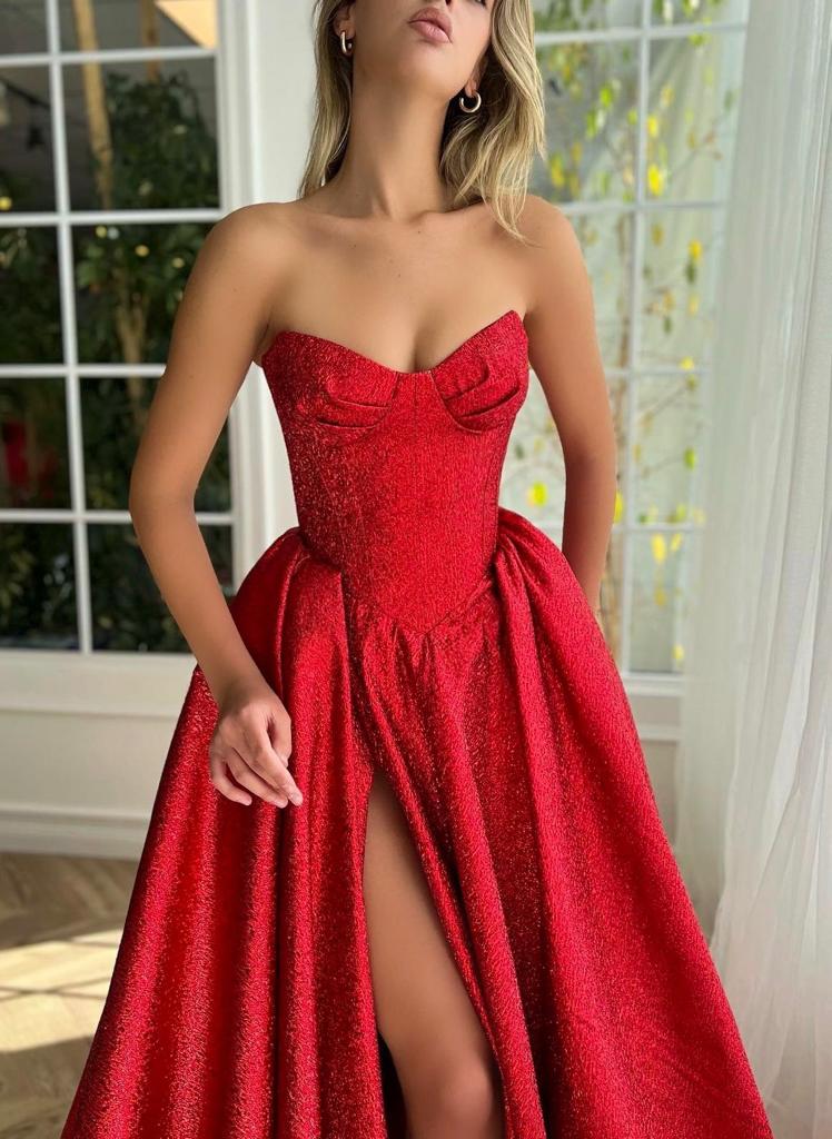 red dress no straps Spaghetti Straps Sheath Long Prom Dresses With Split, Red / 2