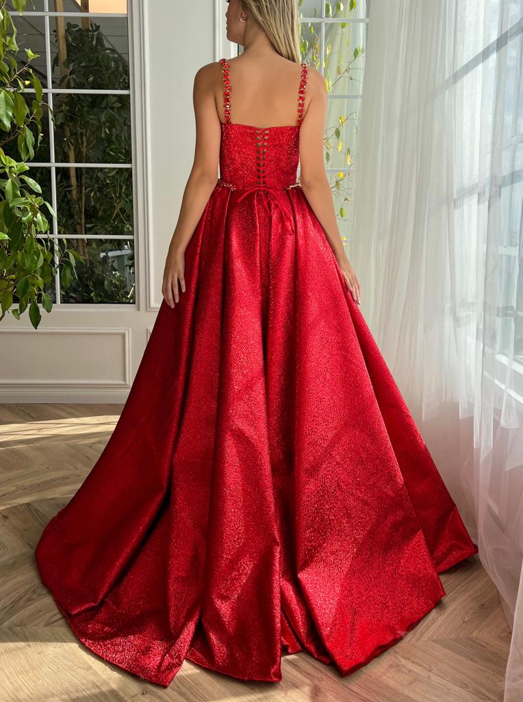 Red A-Line dress with embroidery and spaghetti straps