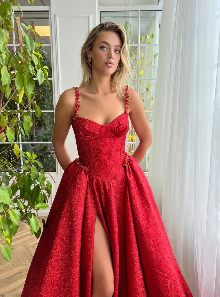 Red A-Line dress with embroidery and spaghetti straps