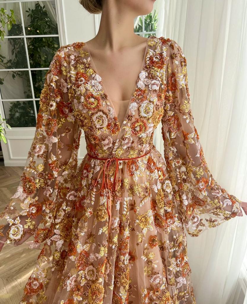 Brown autumn themed A-Line dress with floral embroidery, long sleeves and v-neck