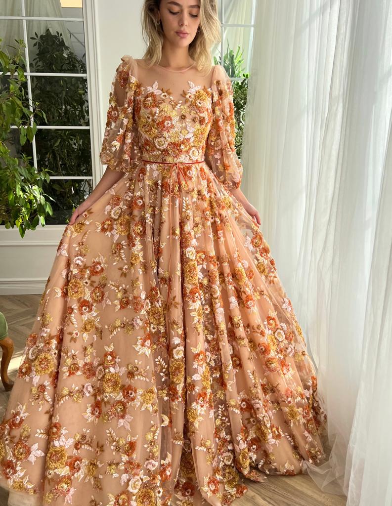 Brown autumn themed A-Line dress with floral embroidery and short sleeves