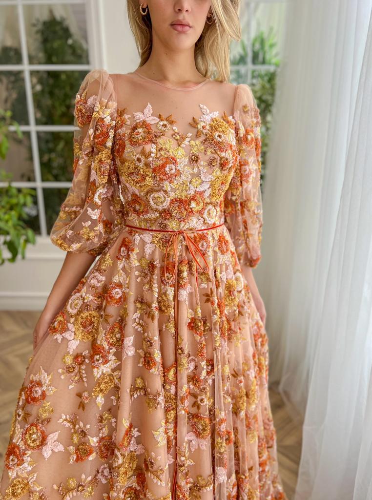 Brown autumn themed A-Line dress with floral embroidery and short sleeves