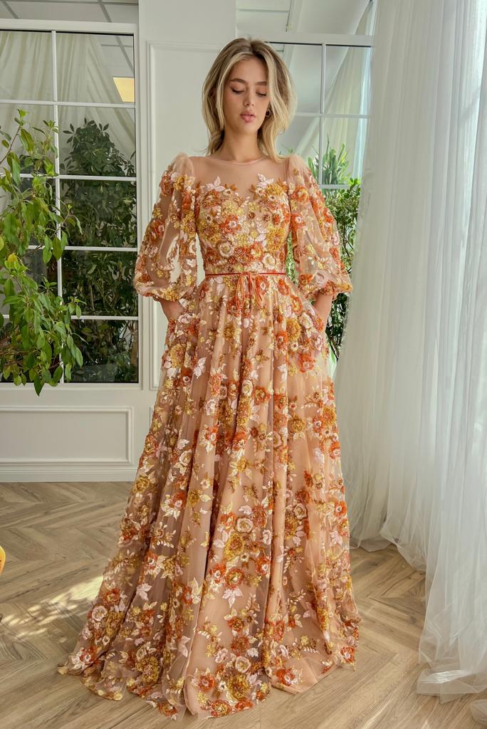 Brown autumn themed A-Line dress with floral embroidery and short sleeves