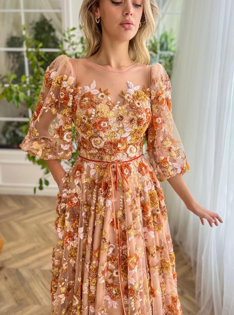 Brown autumn themed A-Line dress with floral embroidery and short sleeves