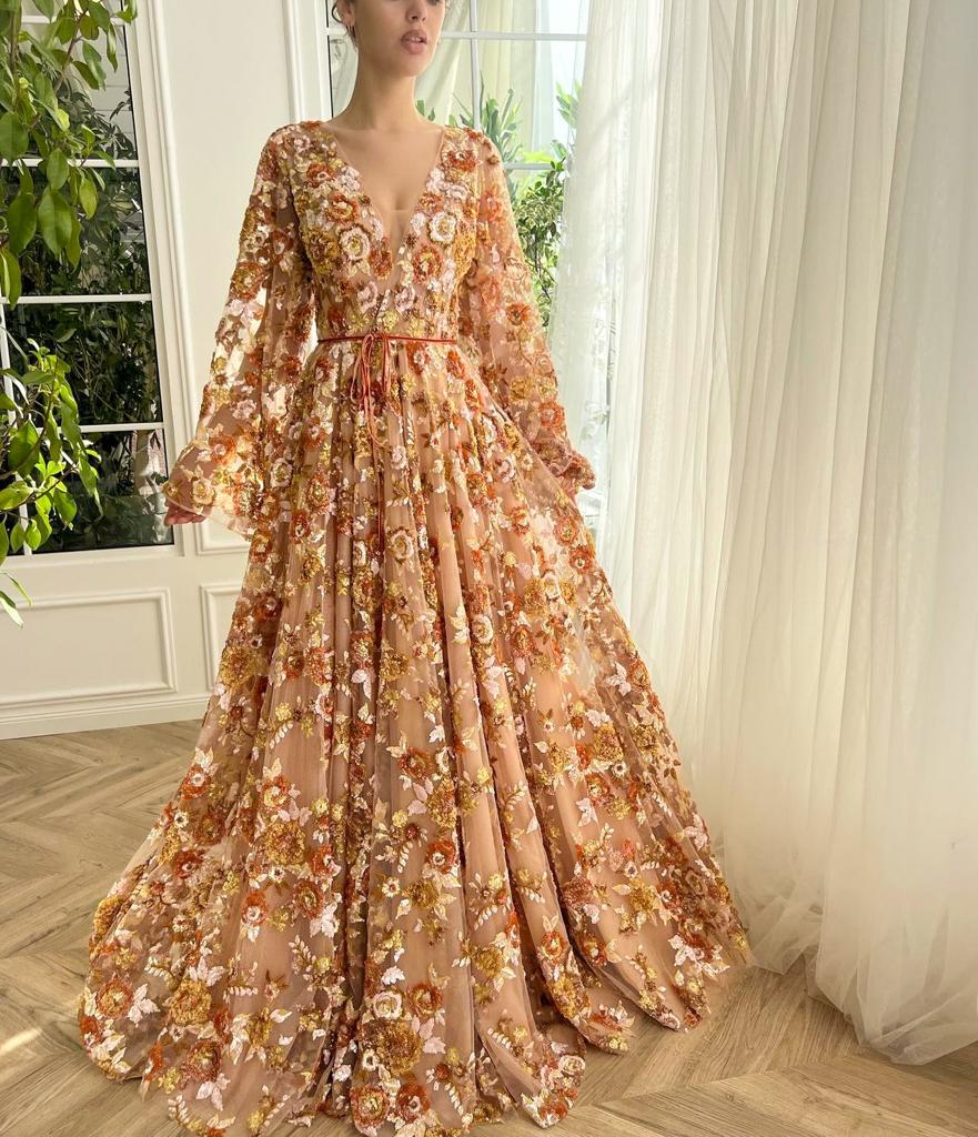 Brown autumn themed A-Line dress with floral embroidery, long sleeves and v-neck
