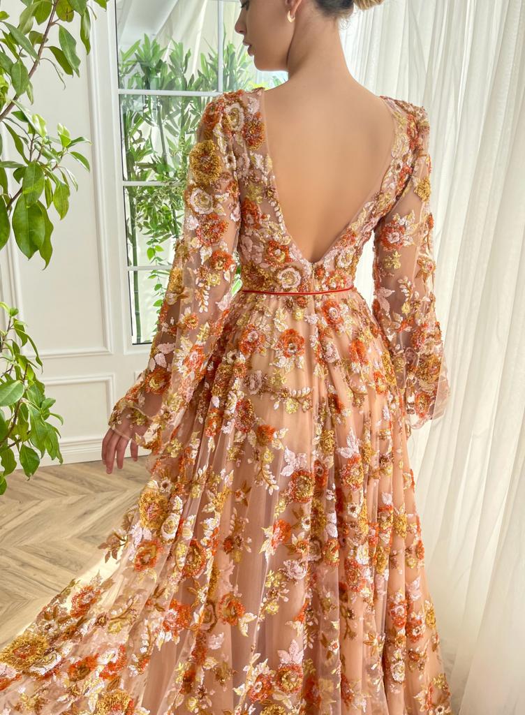 Brown autumn themed A-Line dress with floral embroidery, long sleeves and v-neck