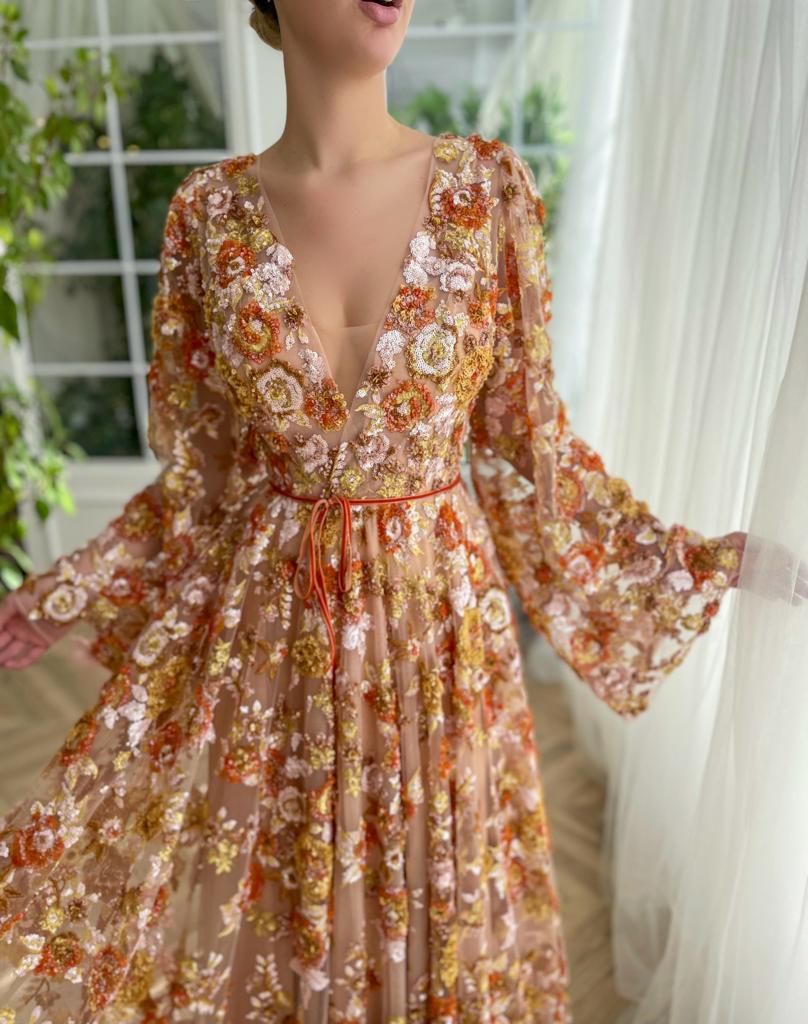Brown autumn themed A-Line dress with floral embroidery, long sleeves and v-neck
