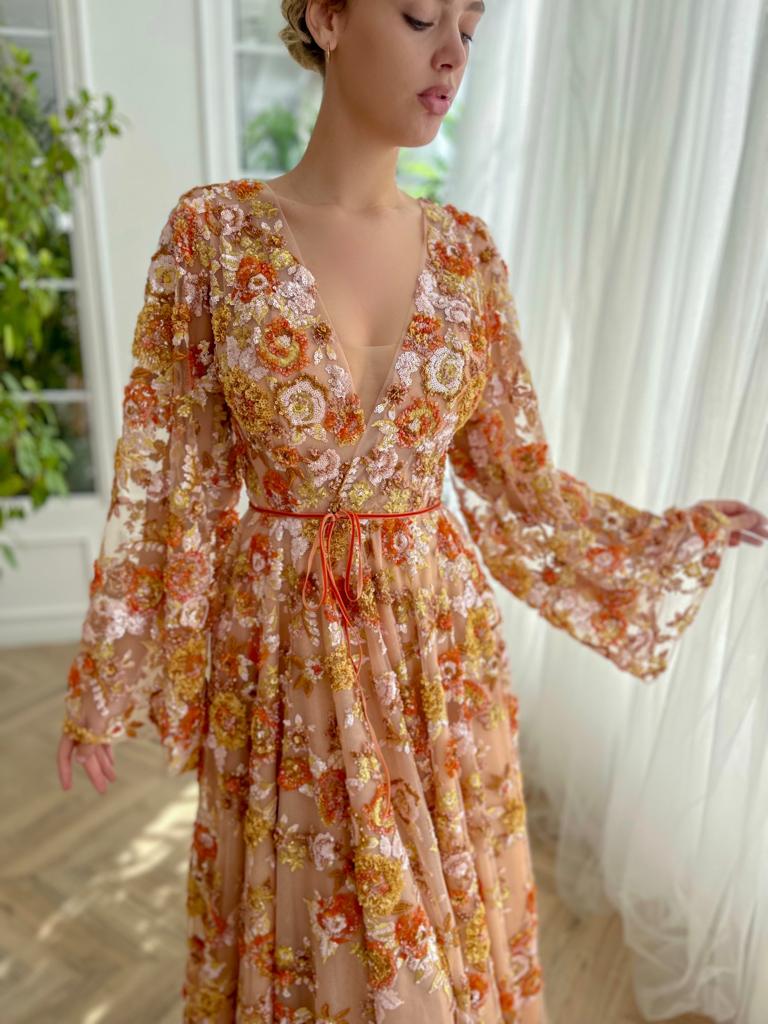 Brown autumn themed A-Line dress with floral embroidery, long sleeves and v-neck