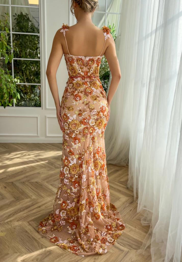 Brown autumn themed mermaid dress with floral embroidery and spaghetti straps