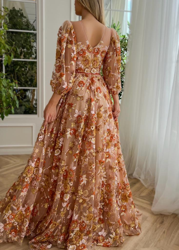 Brown autumn themed A-Line dress with floral embroidery and short sleeves