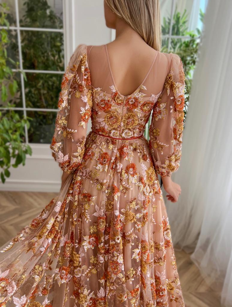 Brown autumn themed A-Line dress with floral embroidery and short sleeves