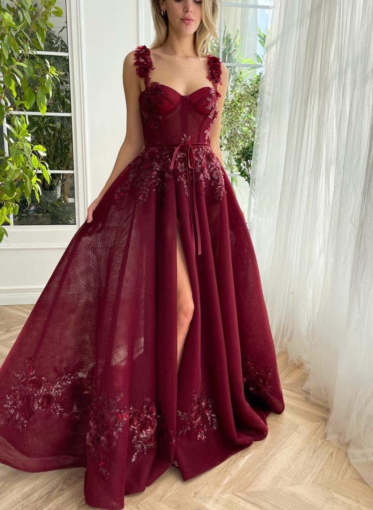 Averie | Maroon A-line Floral Seqin Long Prom Dress With Slit | KissProm