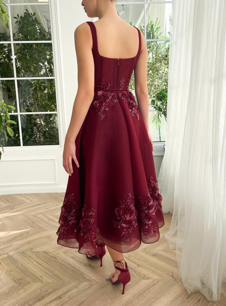 Red midi dress with embroidery and spaghetti straps