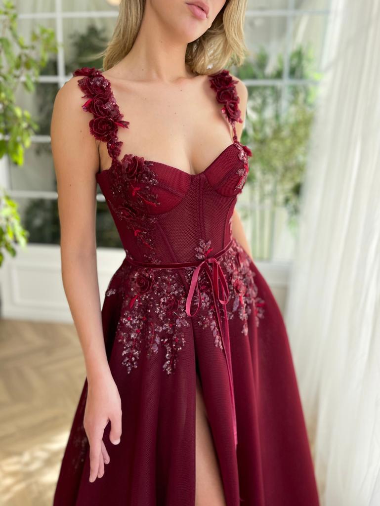 Red A-Line dress with embroidery and spaghetti straps