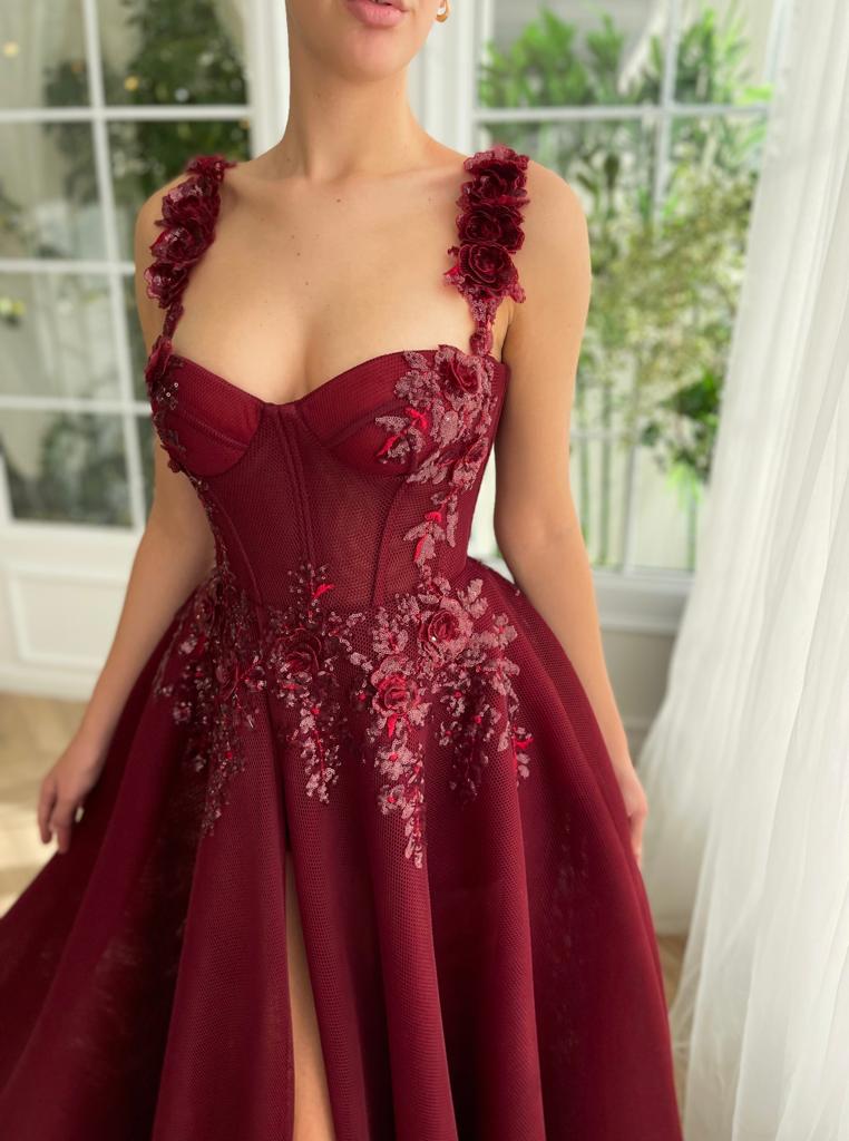 Red A-Line dress with embroidery and spaghetti straps