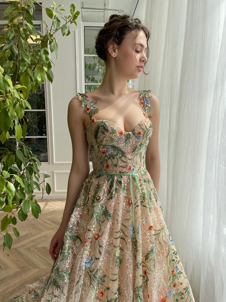Colorful A-Line dress with spaghetti straps and embroidery