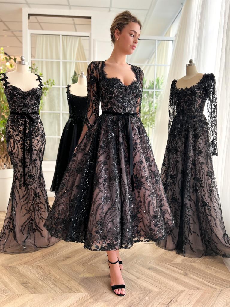Black midi dress with long sleeves, embroidery and lace