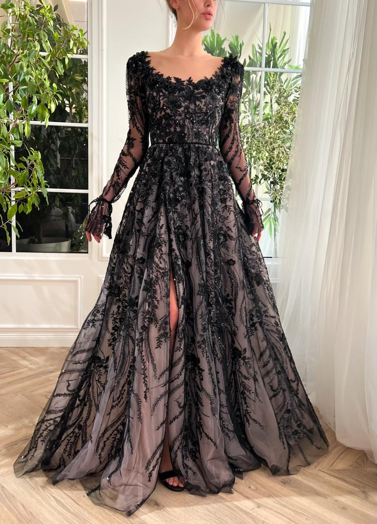 Black A-Line dress with long sleeves, embroidery and lace