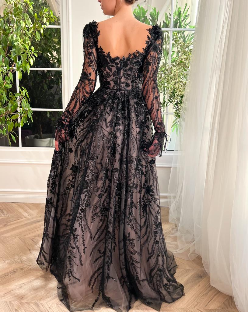 Black A-Line dress with long sleeves, embroidery and lace