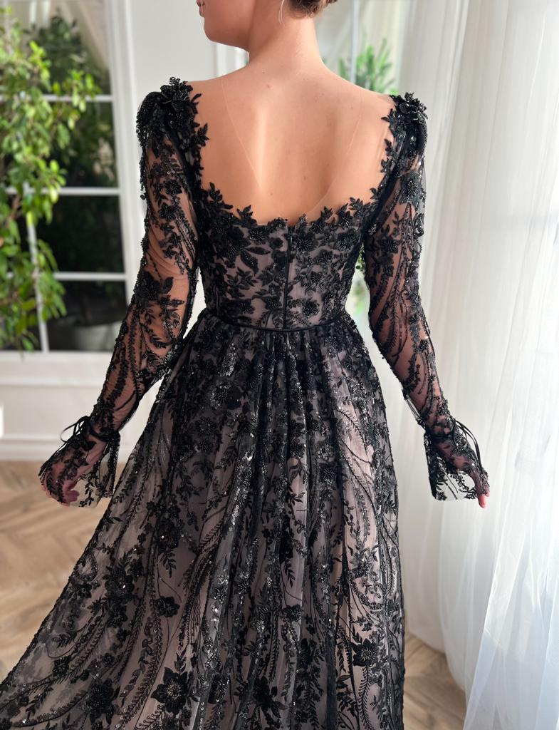 Black A-Line dress with long sleeves, embroidery and lace