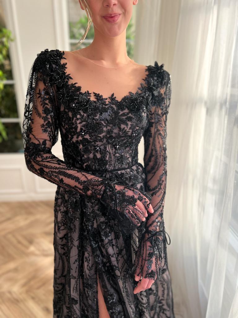 Black A-Line dress with long sleeves, embroidery and lace