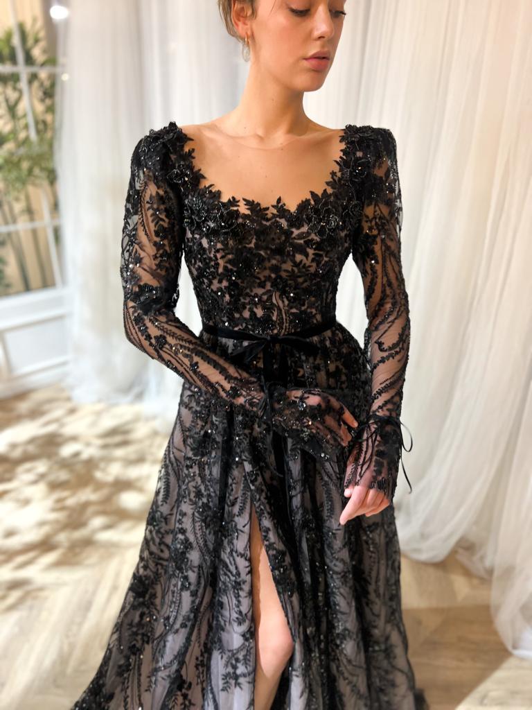Black A-Line dress with long sleeves, embroidery and lace