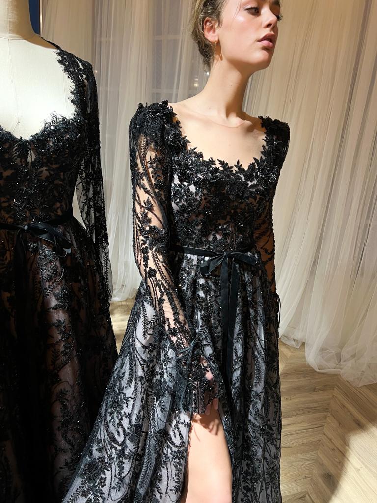 Black A-Line dress with long sleeves, embroidery and lace